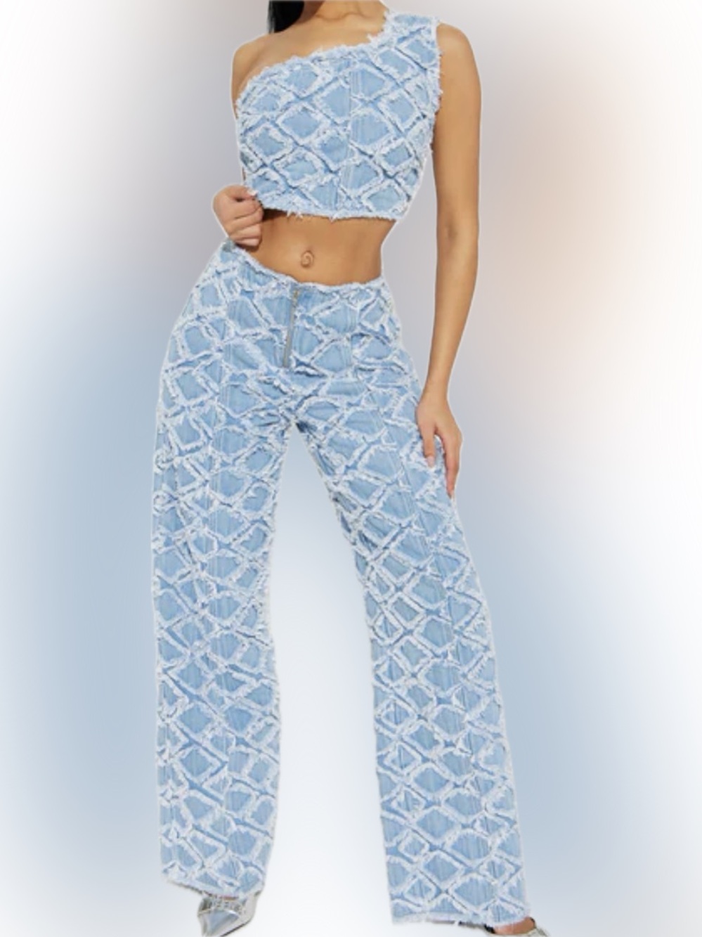 Light Blue One-Shoulder Fringe Crop Top & Wide-Leg Pants Set